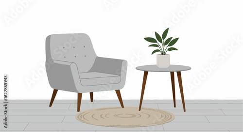 Minimalist interior with gray armchair, side table, and green plant on a beige patterned rug