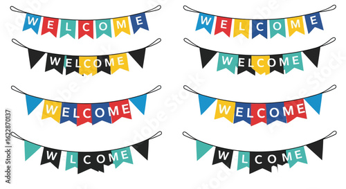 Colorful welcome bunting flags with text vector