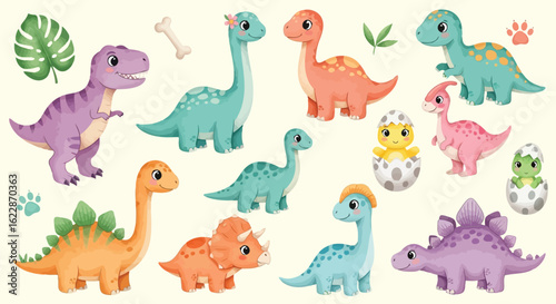 Cute cartoon dinosaurs and baby dinosaurs hatching from eggs vector