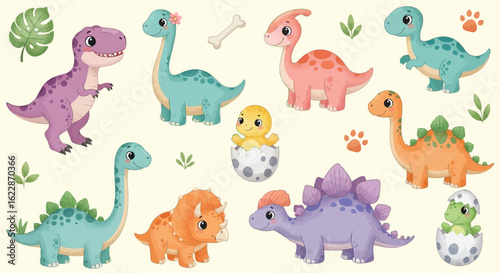 Cute cartoon dinosaurs and baby dinosaurs hatching from eggs vector