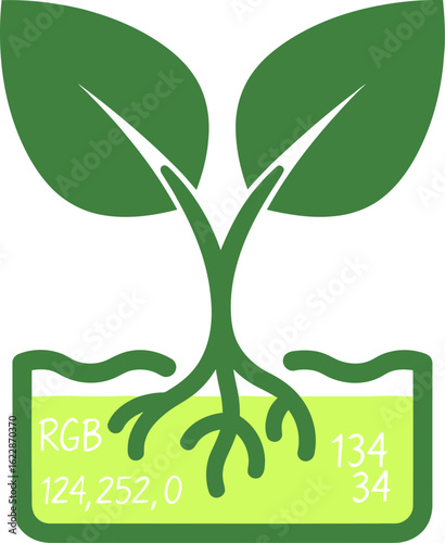 A stylized green sprout with roots submerged in a liquid displaying RGB and other numerical data.