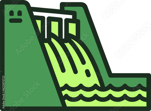 A simple green cartoon illustration of a hydroelectric dam releasing water through its spillway.