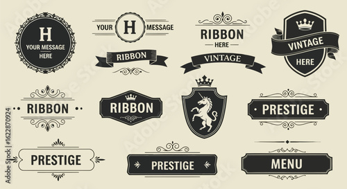 Ornate emblems ribbons crests and labels vintage