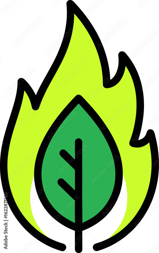 Fototapeta premium A stylized icon of a green leaf engulfed in bright lime-green flames, symbolizing biofuel or environmental concerns.
