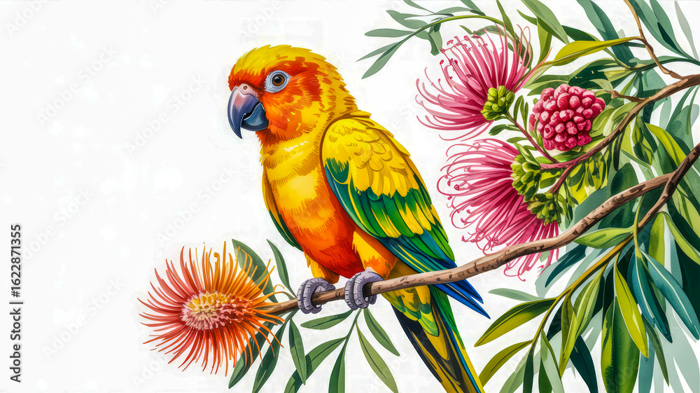 Obraz premium Vibrant parrot perched on a flowering branch bird flowers