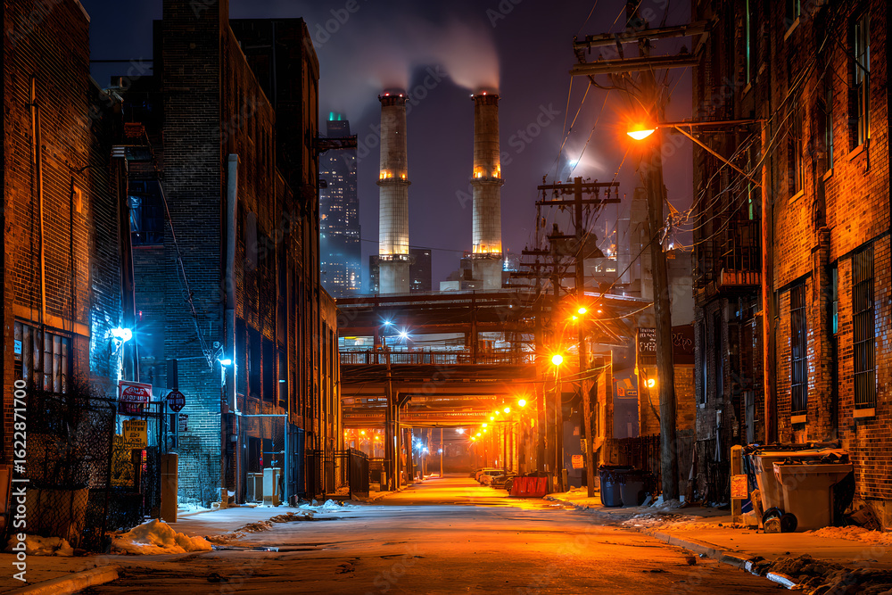 Dark and eerie industrial urban city street at night in Chicago Dark and eerie industrial urban city street at night in Chicago