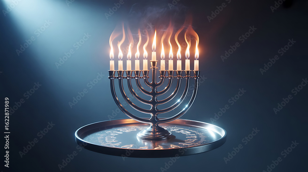 Fototapeta premium Illuminated Hanukkah Menorah Displaying Warm Candlelight Flames Against a Gradient Blue Background Symbolizing a Celebration of Light