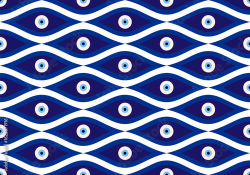 Seamless pattern with Turkish evil eye bead. Good luck. Turkish tile. Oriental ottoman design vector background. Perfect for wallpapers, pattern fills, web page backgrounds, surface textures, textile