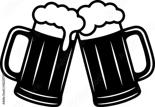 Black silhouette vector of two beer mugs clinking together in a cheers pose
