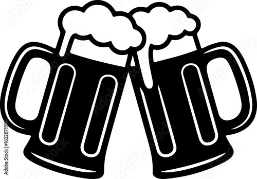 Black silhouette vector of two beer mugs clinking together in a cheers pose