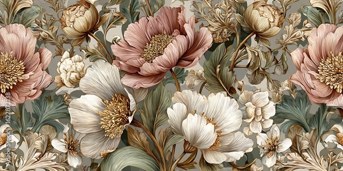 Fototapeta Naklejka Na Ścianę i Meble -  Vintage floral pattern with ornate peonies and leaves