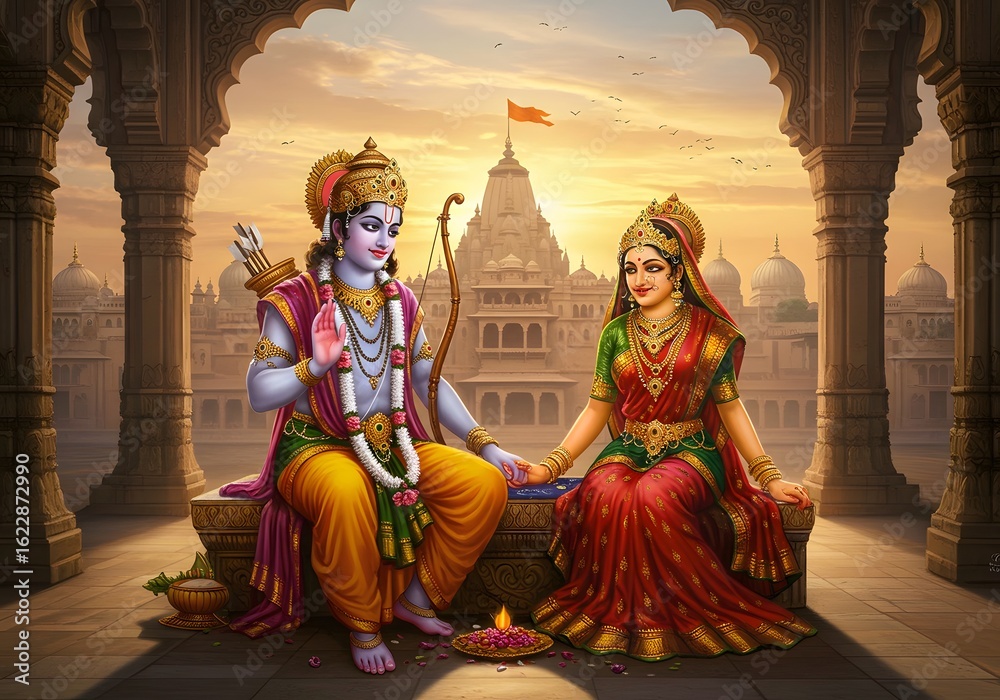 Fototapeta premium Indian Gods Ram and Sita in Temple, Hindu Religious Art, Archways and Holy Shrine at Sunset.