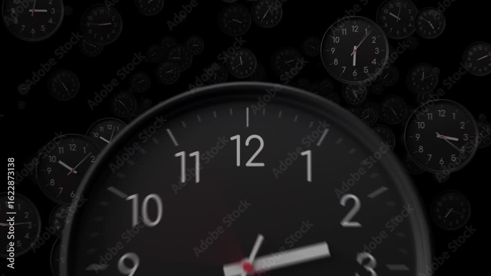 Many time lapse classic clock faces floating space showing different time. Busy time flow concept. Clock hands rotating quickly. Black background, seamless loop animation.