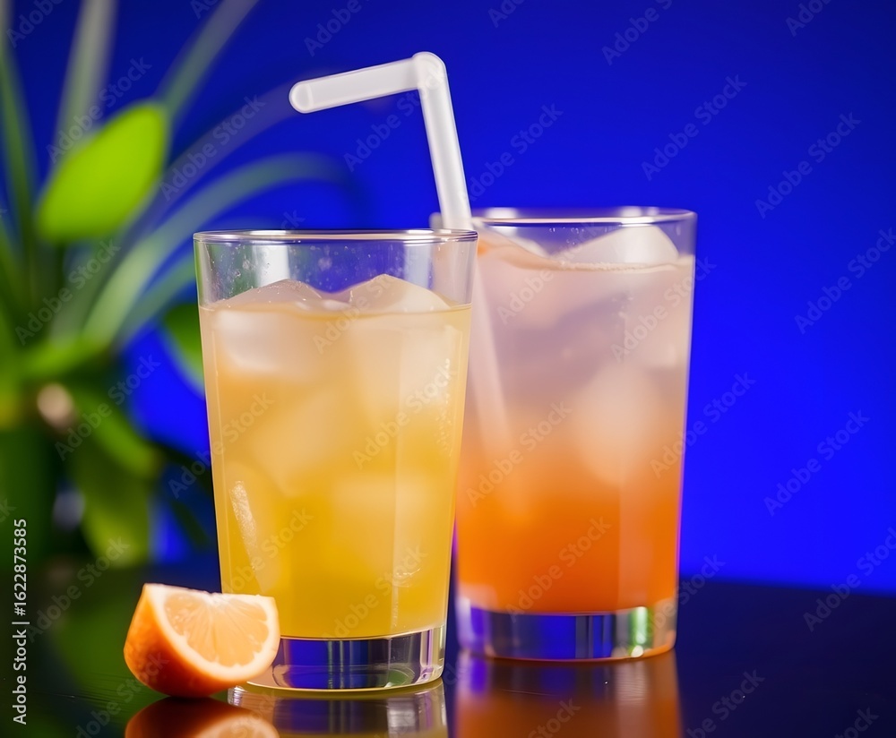 Fototapeta premium Refreshing summer cocktails: orange juice and grapefruit juice with ice and straw drink recipe