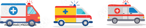 Various cartoon ambulances set, emergency medical service vehicles for transporting patients, and vector illustration of hospital cars