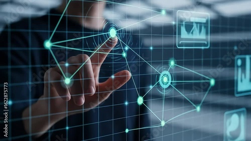 Touching Digital Screen with Data Visualization Futuristic Technology Interface