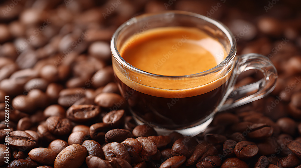 Fototapeta premium Close-up of a rich espresso coffee shot served in a glass cup on a bed of roasted coffee beans