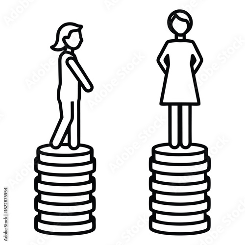 Two miniature female figures stand on stacks of coins illustrating gender pay gap. One figure stands on tall stack, on shorter stack