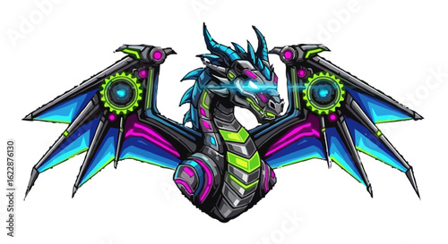 A fierce mecha dragon bust with glowing blue eyes and powerful mechanical wings. This futuristic sci-fi creature features vibrant neon cyberpunk aesthetics.