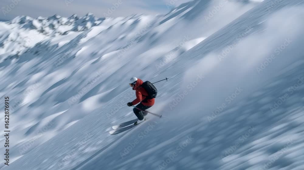 Extreme Skier in Bright Outfit Descending Steep Snowy Slope with Powder Spray Extreme Skier in Bright Outfit Descending Steep Snowy Slope with Powder Spray