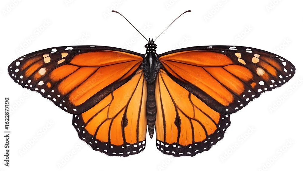 Fototapeta premium Beautiful monarch butterfly with orange wings and black veins isolated on white