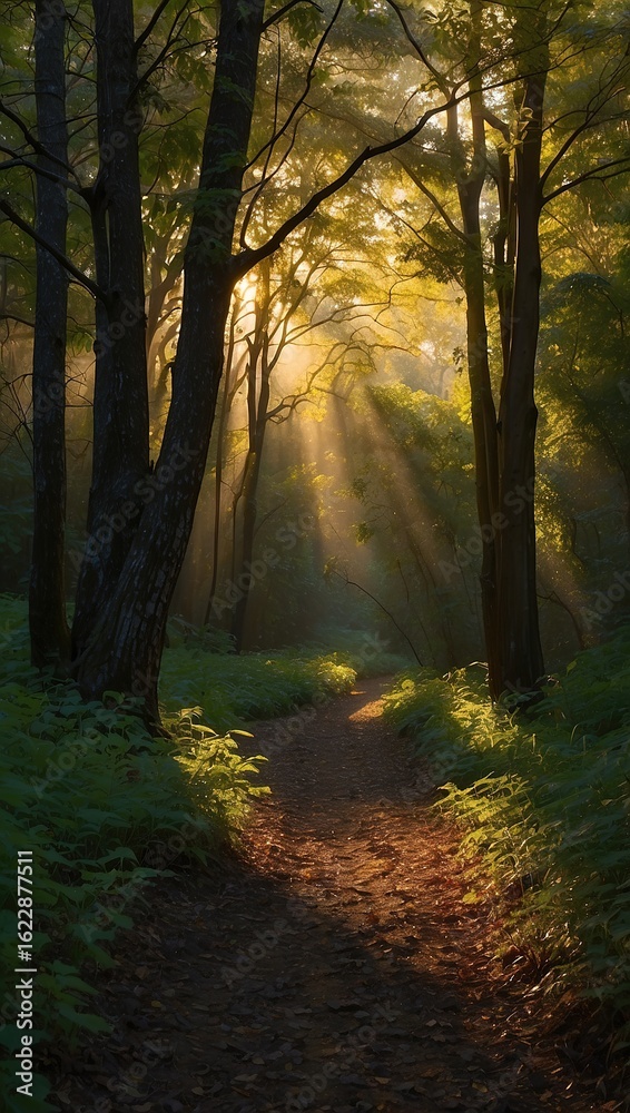 Obraz premium Heart-shaped forest tunnel glowing with golden sunlight. Rays light up a gravel path in the dark woods, creating a magical, warm contrast in a moody scene.