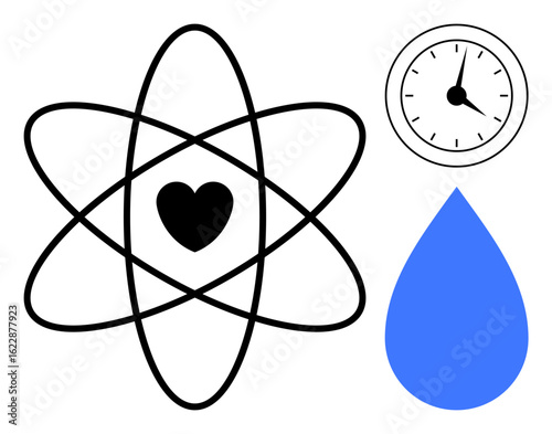 Atomic model with heart core, a blue water drop, and a clock. Ideal for science, sustainability, time, ecology, love energy health topics. Minimalist visual for simple flat metaphor