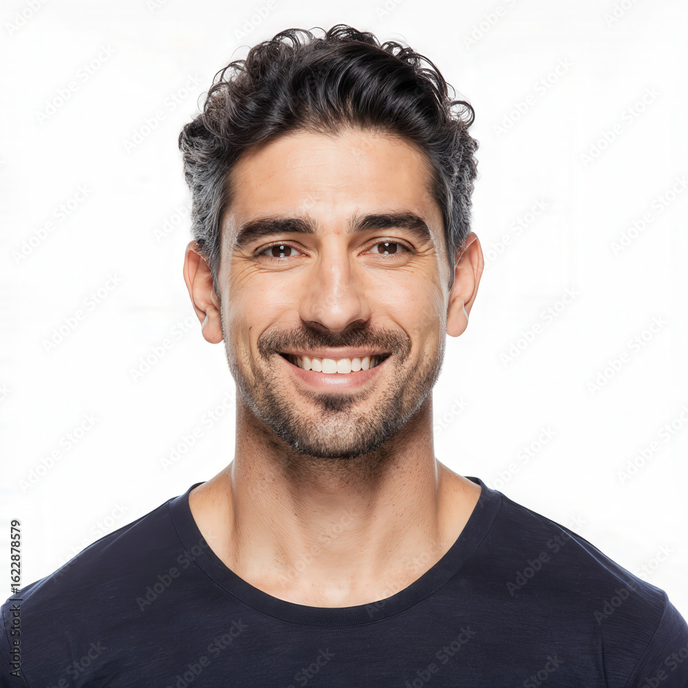 Obraz premium Captivating Portrait of a Smiling Individual: A studio portrait captures a man's genuine happiness, his radiant smile illuminating the frame with warmth.