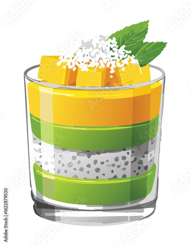 Mango Chia Seed Pudding with Mint - Vector Illustration