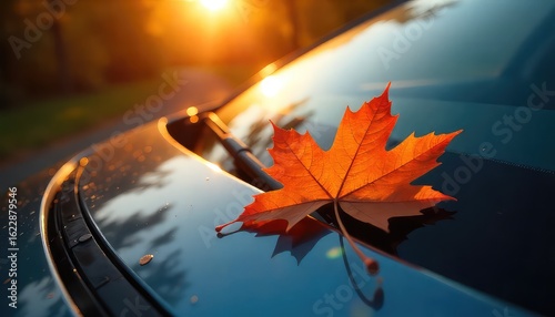 Close up of a maple leaf on a car hood with a windshield wiper and a bright sunset in the background