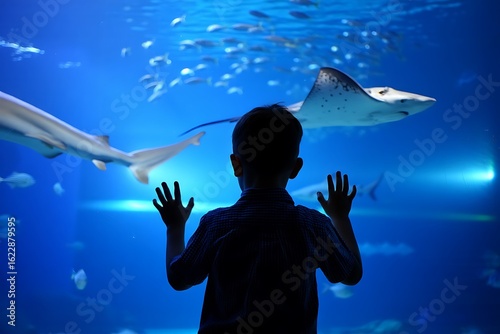 Photo of a child is looking at sharks and rays swimming in a large aquarium tank