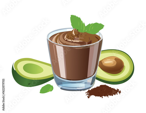 Chocolate Avocado Pudding with Fresh Mint - Vector Illustration