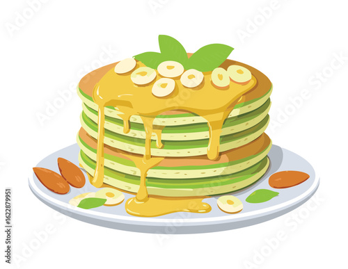 Healthy Green Pancakes Stack with Toppings - Vector Illustration