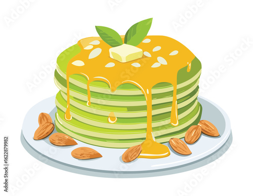 Delicious Green Pancakes with Honey Drizzle - Vector Illustration