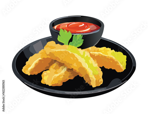 Crispy Fried Snacks with Delicious Sauce - Vector Illustration