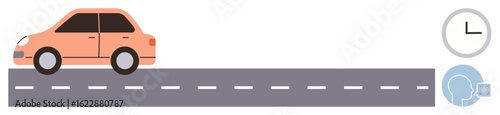 Orange car on a grey road, clock indicating time, and navigation element representing GPS. Ideal for transportation, travel, time management, navigation, road safety commuting scheduling. Simple