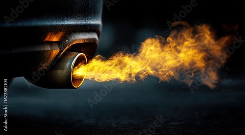Car exhaust pipe emitting fiery orange flames