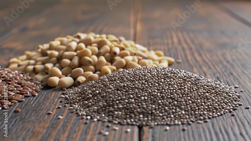 Heap of Flax Seeds Pine Nuts and Chia Seeds on Dark Wood Grain Under Soft Lighting