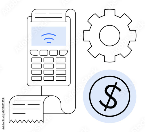 Payment terminal with contactless symbol, paper receipt, gear, and dollar sign illustrating financial technology. Ideal for digital transactions, automation, fintech, e-commerce, retail banking