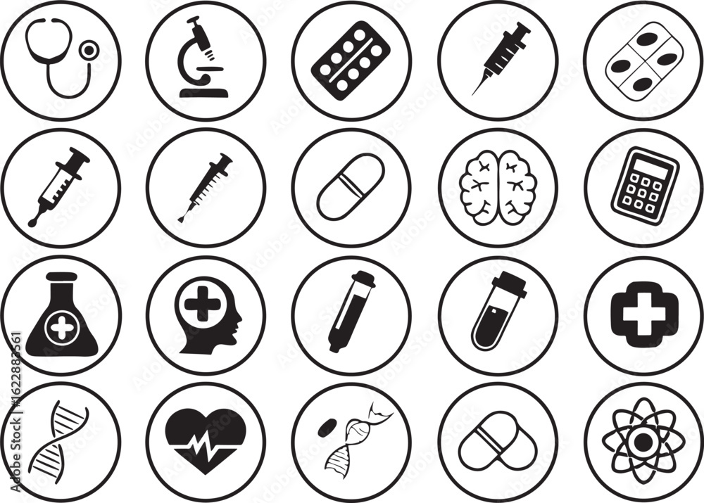 Health Medical Icons in Silhouette on White Background Premium Vector Set Health Medical Icons in Silhouette on White Background Premium Vector Set
