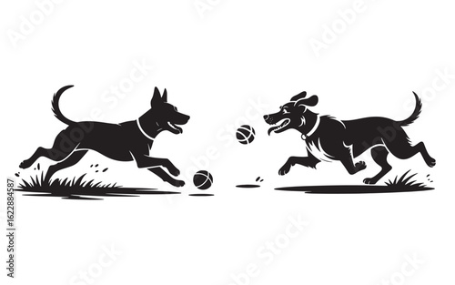 Black silhouette dogs playing with balls in grass vector