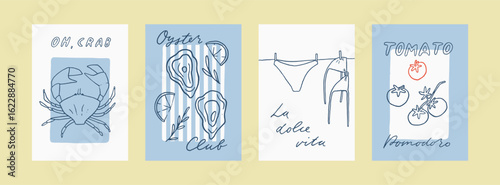 Set of Mediterranean summer whimsical print stamps. Coquette coastal hand drawn vector poster collection. Nautical decorative fun Italian retro cards. Perfect for summer sea vacation