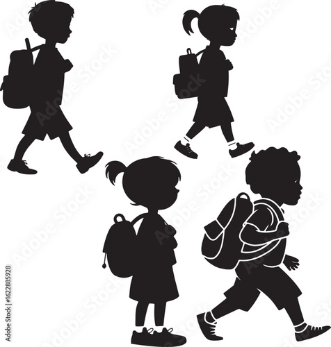 School children walking with backpacks in silhouette style black and white vector illustration ideal for educational back to school posters student safety awareness and learning themes