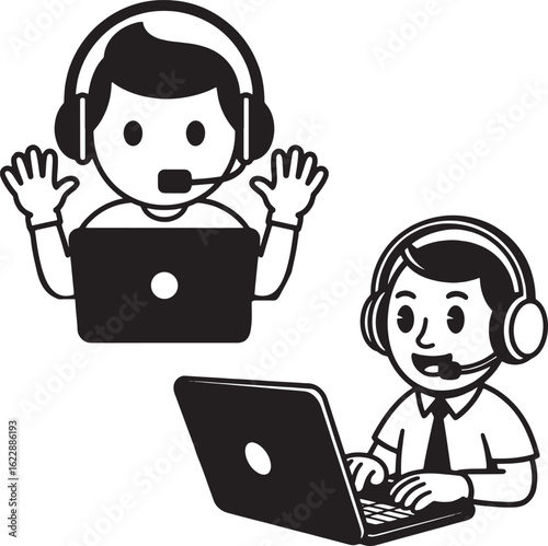 Customer service representative working on a laptop with headset in black and white cartoon vector