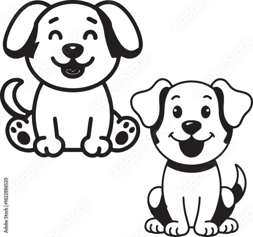 Two cute cartoon puppies sitting side by side in black and white vector design ideal for pet lovers