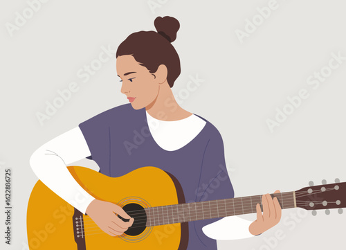 This illustration of a young woman playing a guitar captures a moment of creative expression, reflecting a relaxed and artistic atmosphere perfect for music-focused themes.