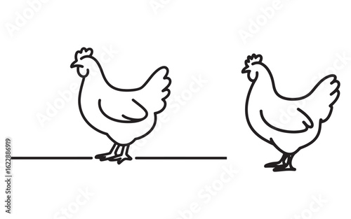 Stylized outline drawings of two chickens standing on a line fowl bird