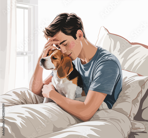 A young man enjoys a serene morning, embracing his beagle in bed, illustrating the bond of companionship, warmth, and peaceful moments shared between pets and humans.