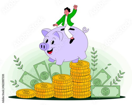 An exuberant man rides atop a piggy bank, surrounded by stacks of coins, symbolizing financial success, prosperity, and the joys of saving in a lighthearted manner.