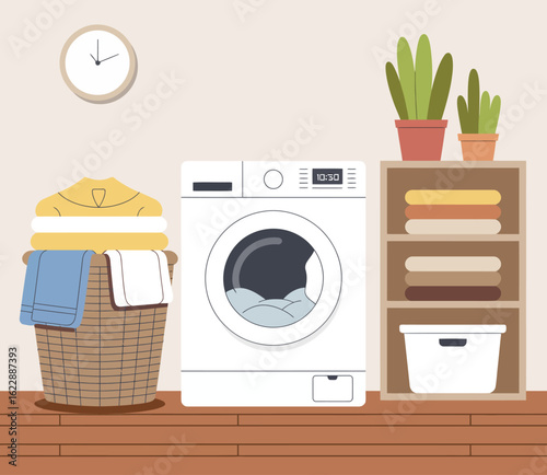 A clean and organized laundry room featuring a washing machine and neatly arranged towels, emphasizing simplicity, functionality, and the importance of home management.